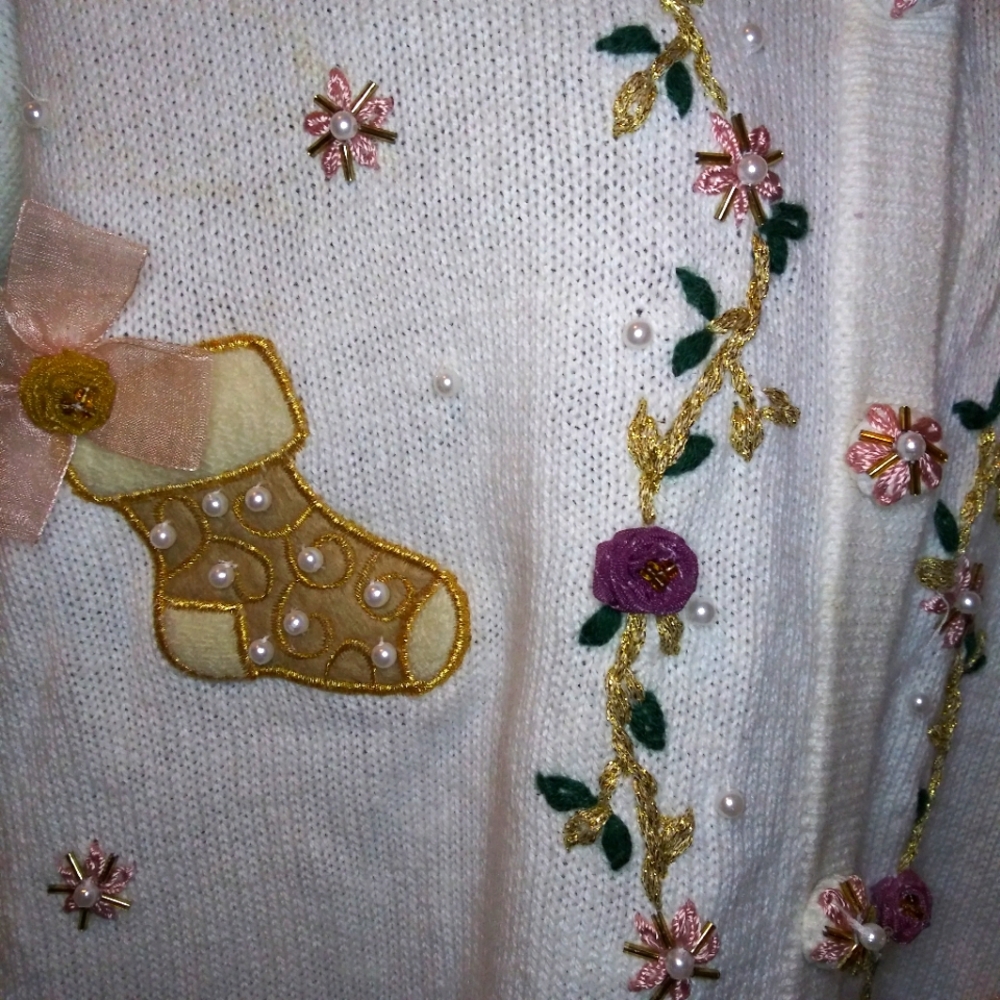 Vintage Pearl/Ribbon Trimmed Cottagecore Style "Ugly" Christmas Stocking Sweater - Picture 4 of 14